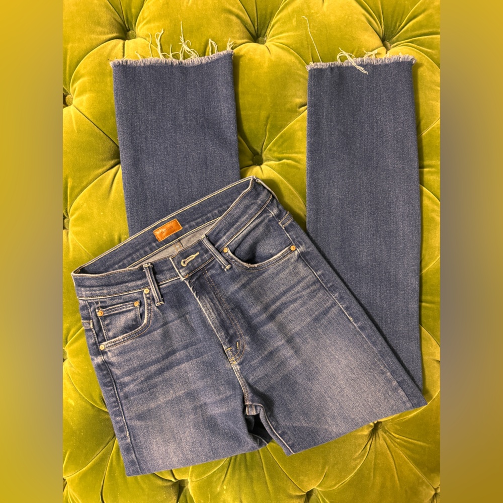 MOTHER Insider Ankle Fray Denim Jeans Raw Hem High Rise - Sweet Lime Size 25